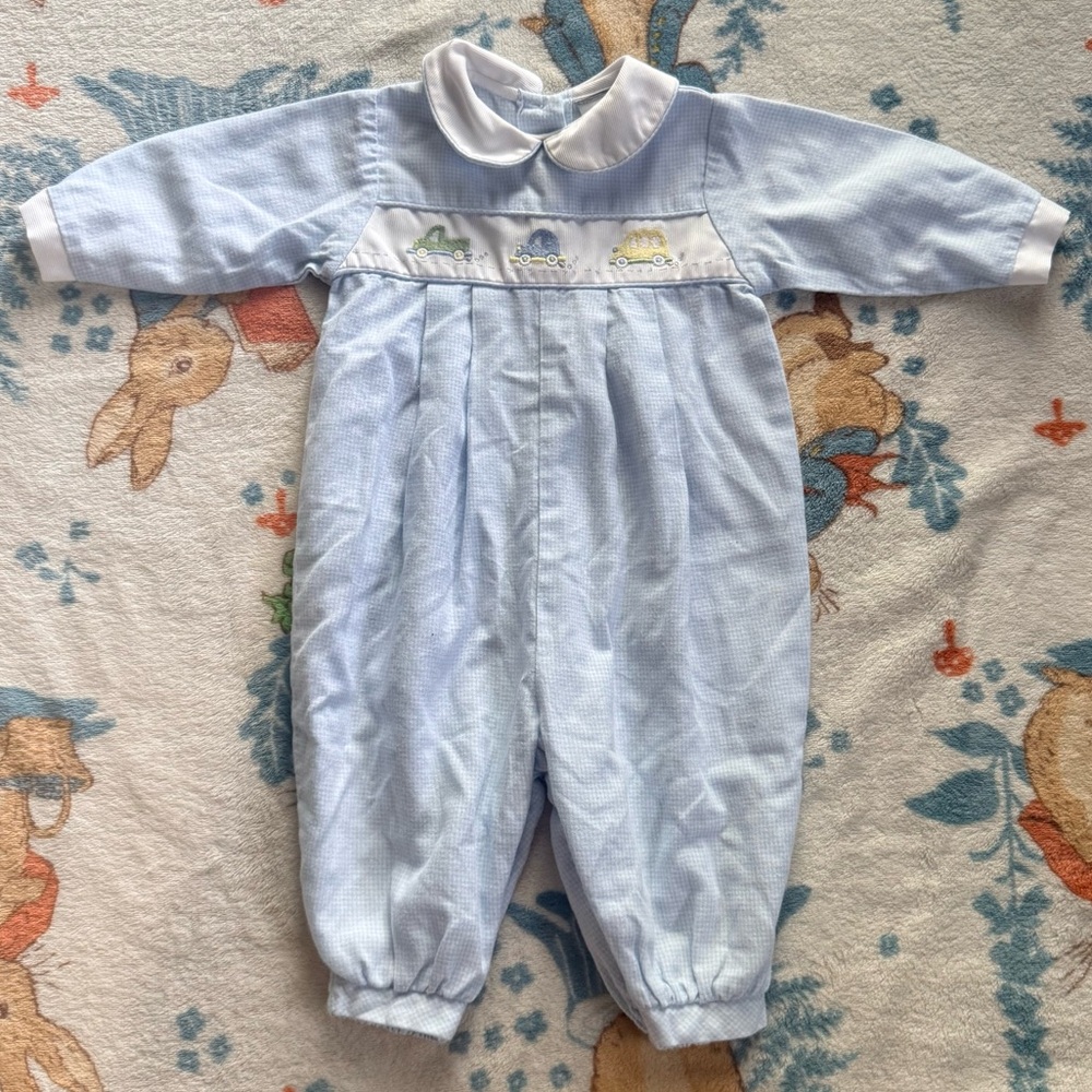 Vintage Baby Boy Romper Blue Embroidered Cars Long Sleeve 6-9M